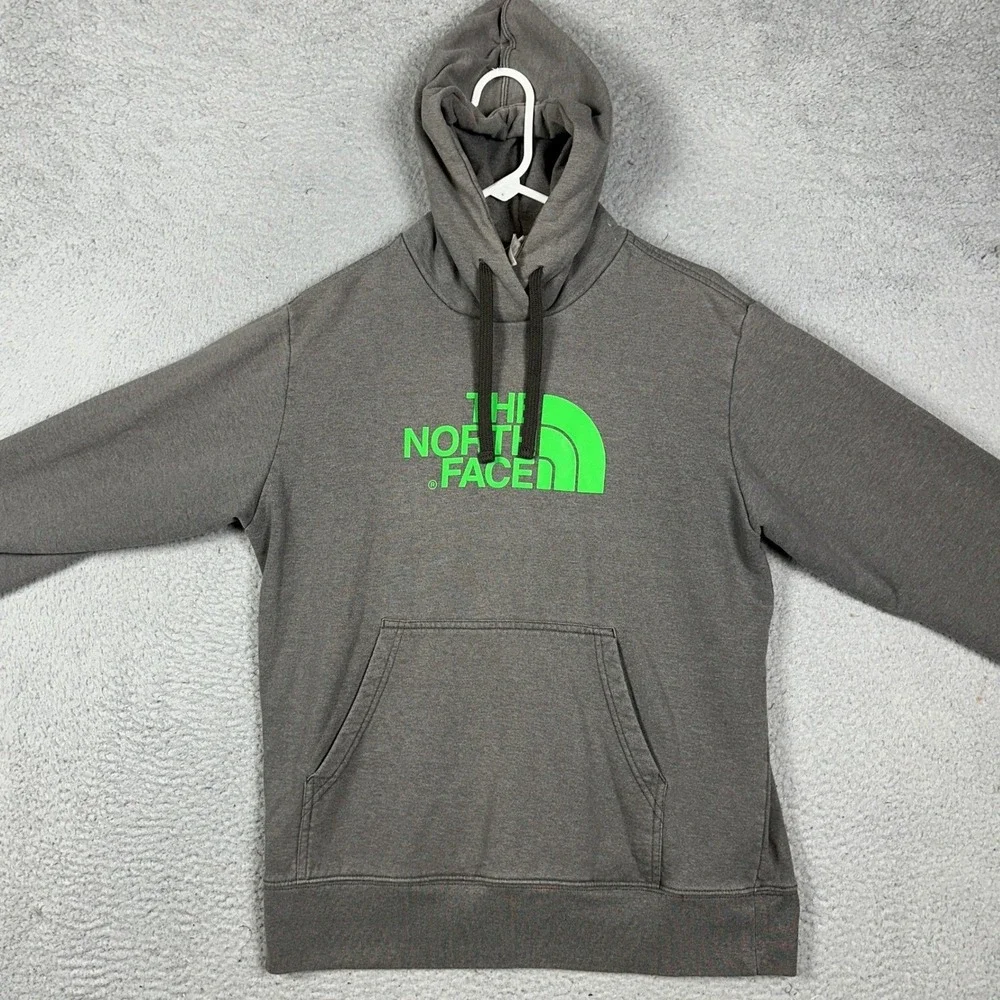 The North Face Hoodie Mens Medium Grey Neon Green Graphic Pullover Sweatshirt